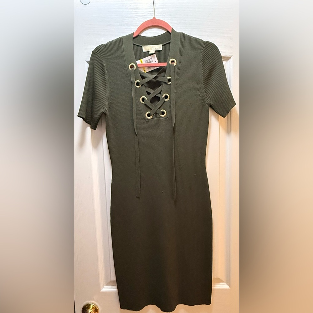 Michael Kors Olive Green Lace-Up Mini Dress